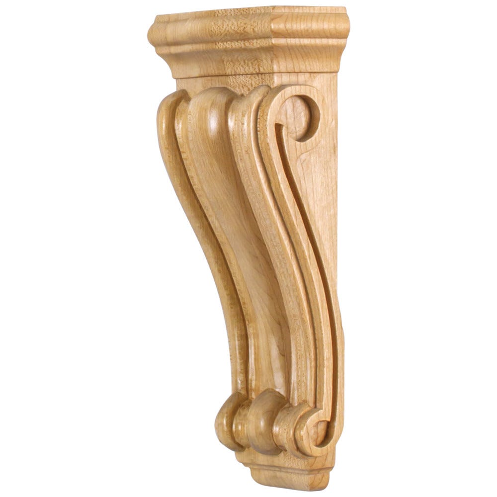 Medium Low Profile Traditional Corbel in Cherry and Maple finishes, 3-7/8" x 2-1/2" x 10", carved wood design
