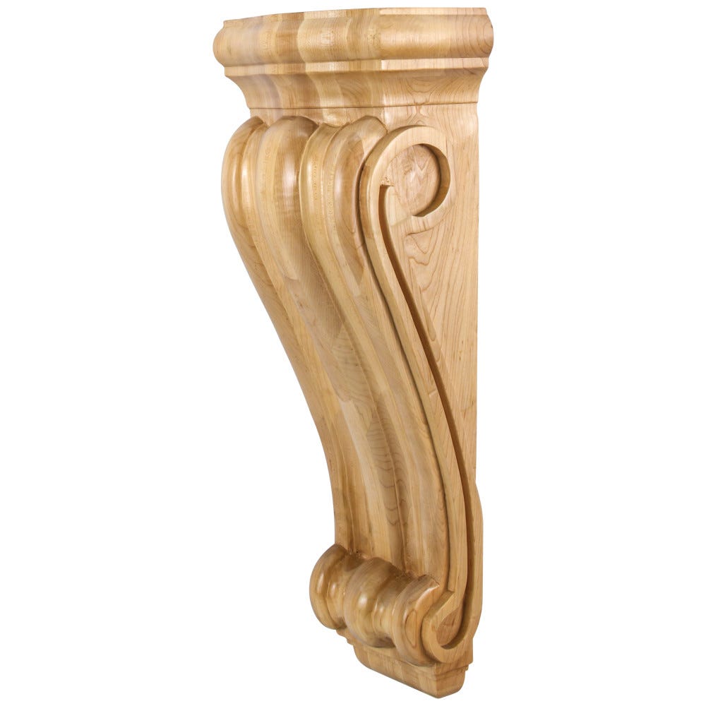 Smooth Profile Corbel 8-1/2" x 5-1/2" x 22" in Maple, Alder, Cherry, and Rubberwood finishes, carved wood decor accent