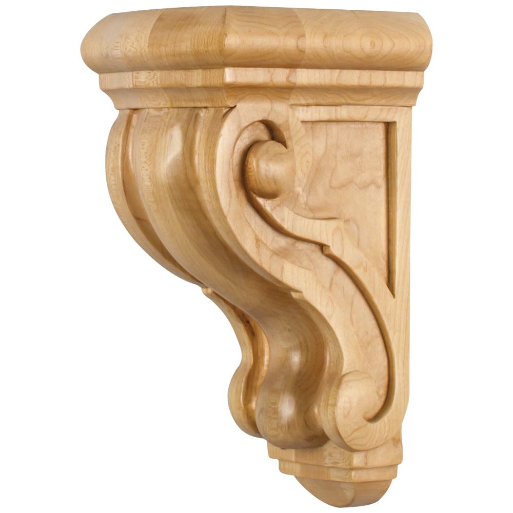 Rounded Traditional Corbel in Alder and Rubberwood finish, 4-1/2" x 5-3/4" x 9-3/4", carved wood accent piece