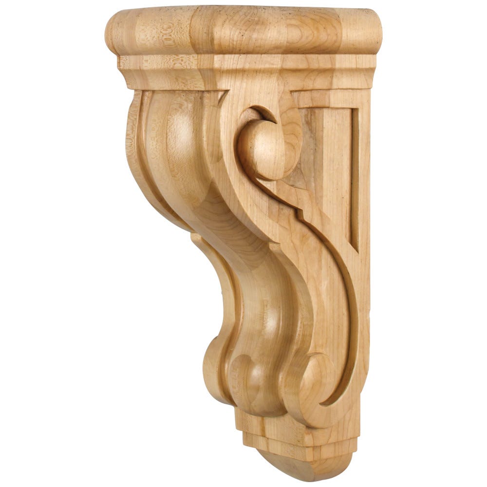 Rounded Traditional Corbel 5" x 6-3/4" x 14" in Maple, Alder, Rubberwood, Cherry finishes, carved wood design