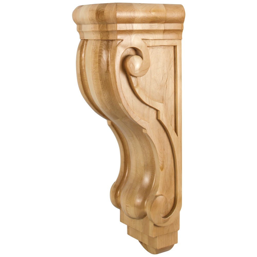 Rounded Traditional Corbel 6-3/4" x 7-5/8" x 22" in Maple, Alder, Rubberwood, and Cherry finishes, carved wood design.