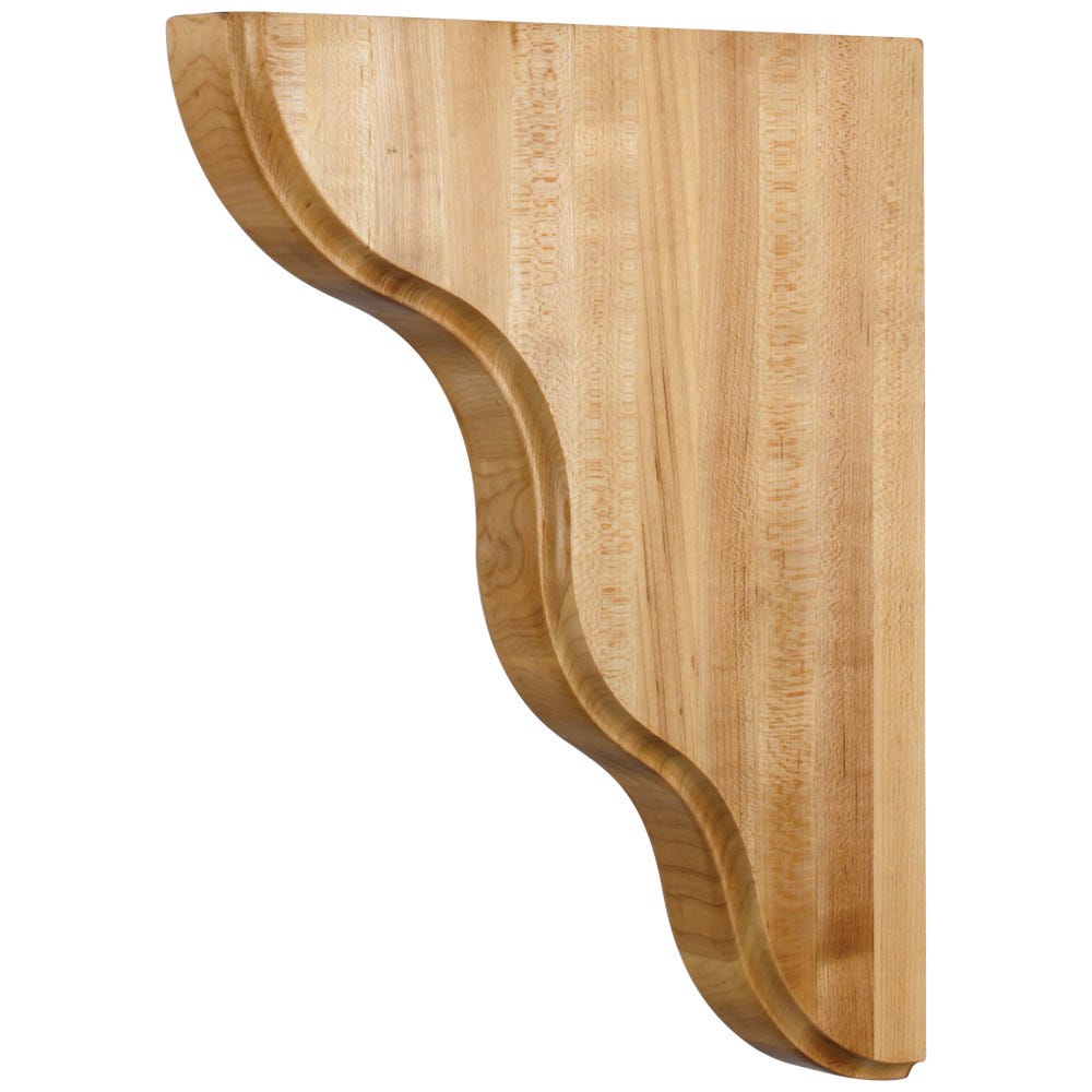Smooth Contour Bar Bracket in Maple, Alder, Cherry, and Rubberwood finishes, 1-3/4" x 10-1/2" x 13-1/8" size, carved wood material.