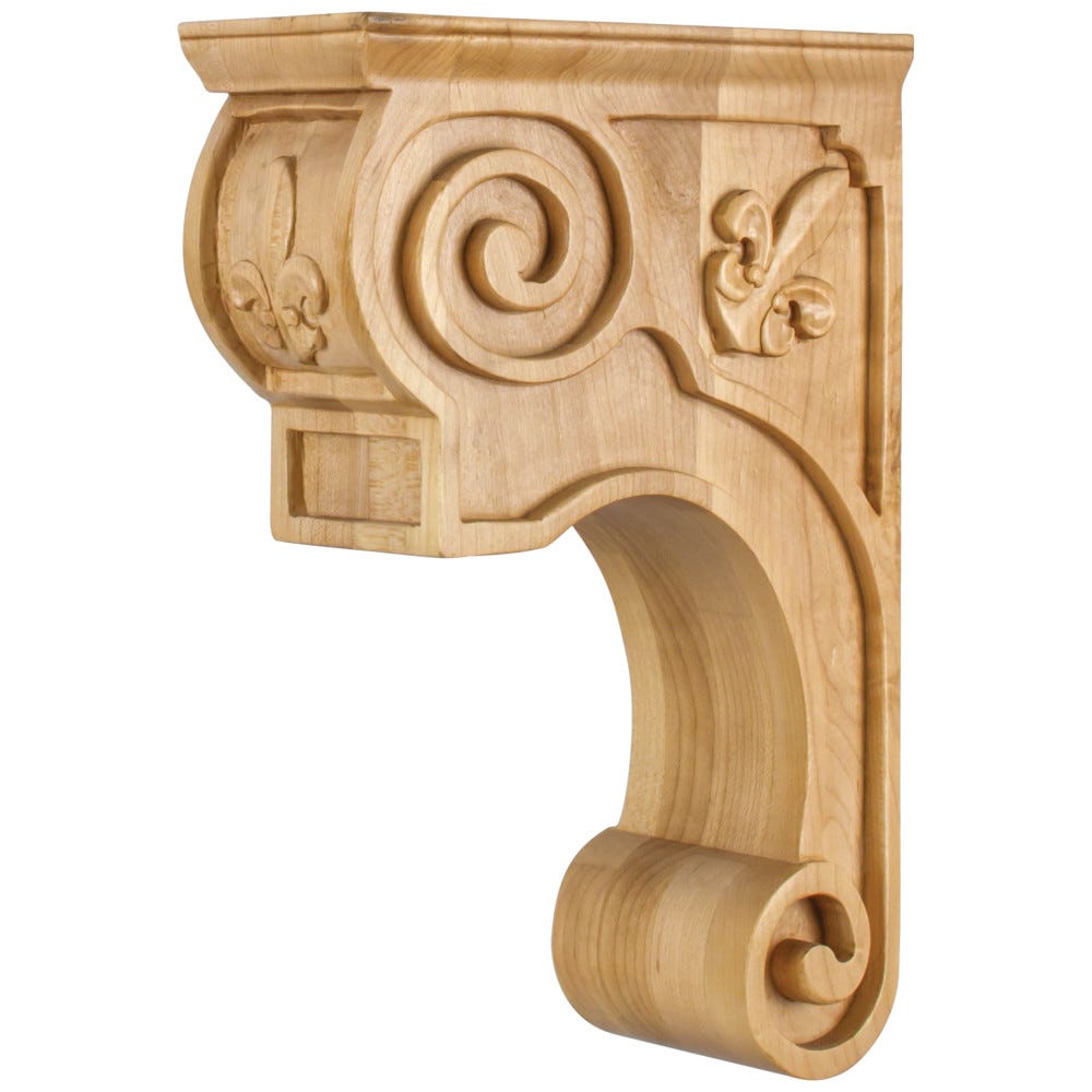 Hand-Carved Wood Corbel with Fleur De Lis and Scroll Detail in Cherry and Maple finishes, 3-1/2" x 8" x 11-13/16"