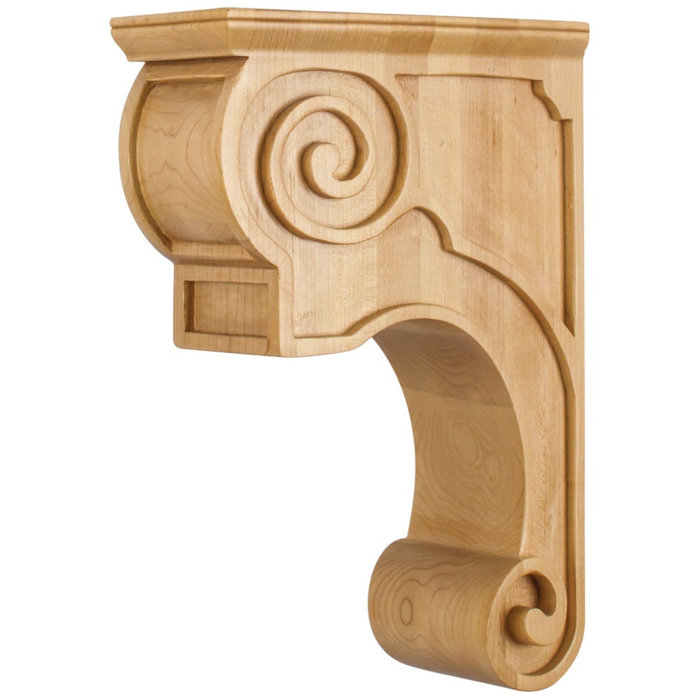 Hand-Carved Wood Corbel in Maple, Alder, Cherry, and Rubberwood finishes, 3-1/2" x 8" x 11-13/16"
