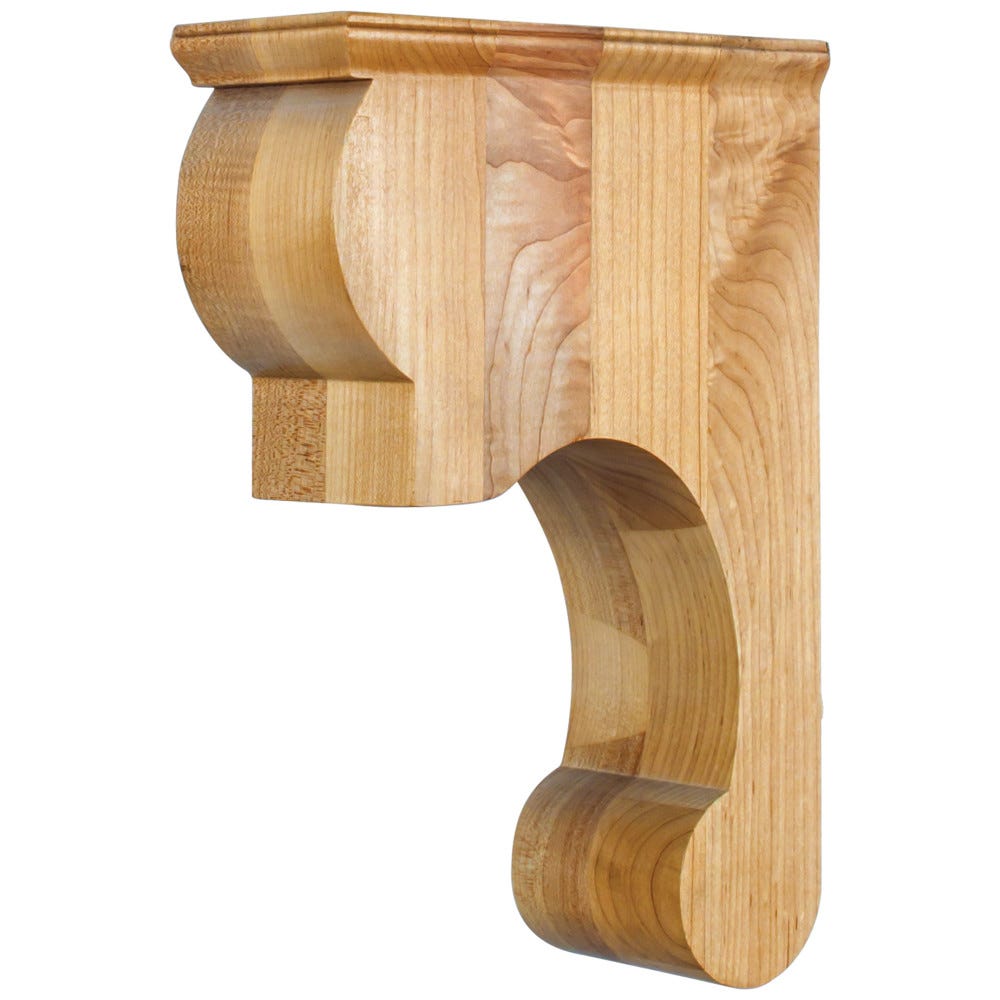 Hand-Carved Wood Corbel in Cherry and Maple finishes, smooth surface design, 3-1/2 x 8 x 11-13/16 inches, crafted from Cherry and Maple species