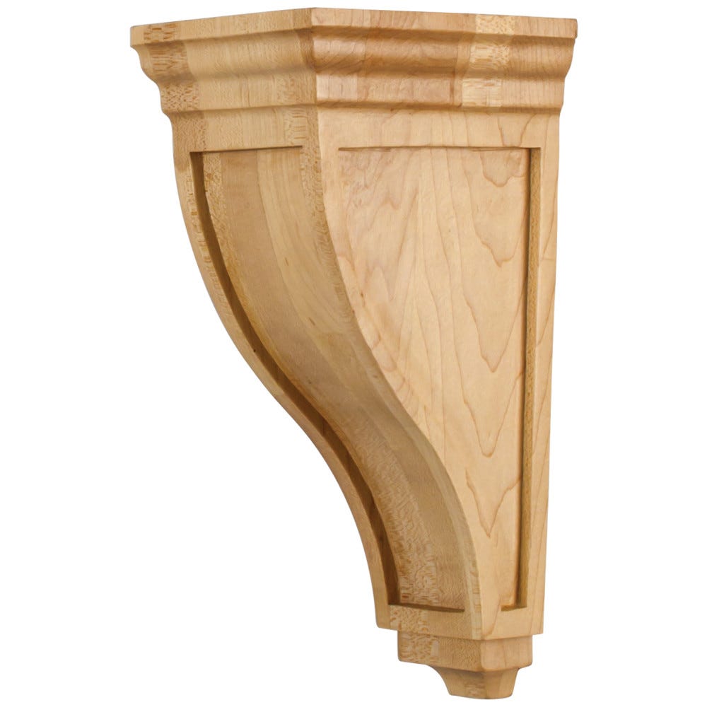 Arts & Crafts Corbel in Rubberwood, Cherry, White Birch, and Maple finishes, 4-3/8" x 5" x 10" carved wood design.