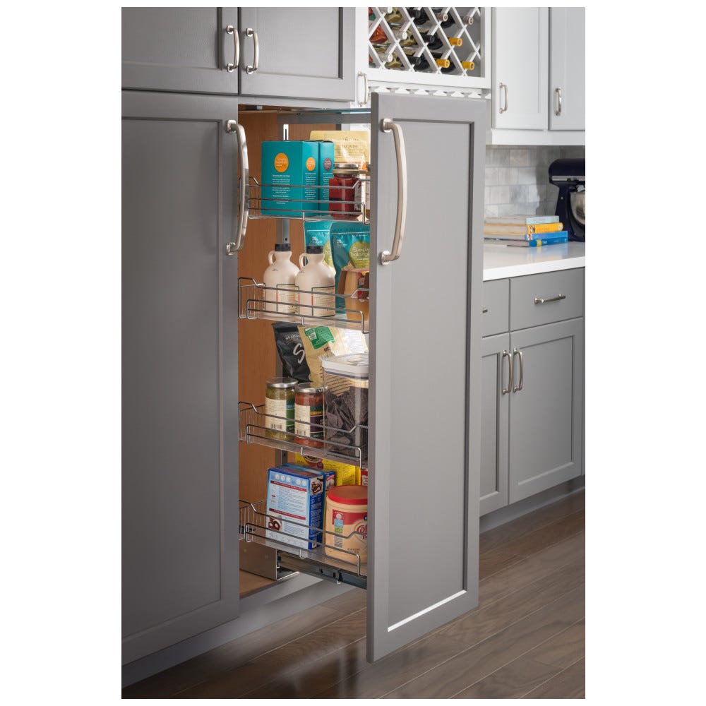 12" Chrome Wire Pantry Pullout with 4 Adjustable Baskets, Heavy Duty Soft-Close Slides, Chrome Finish