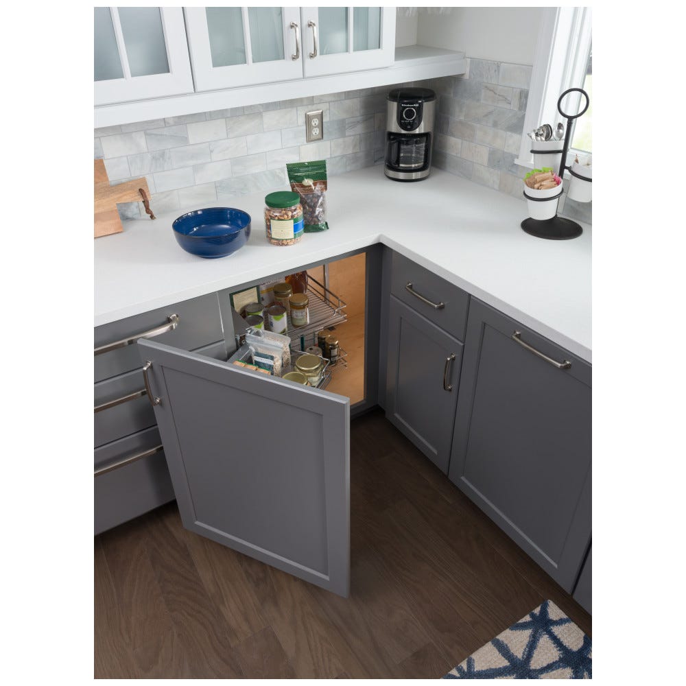 Sliding Door Corner Organizer for Frameless Cabinetry in chrome finish, featuring dual sliding baskets for optimized storage