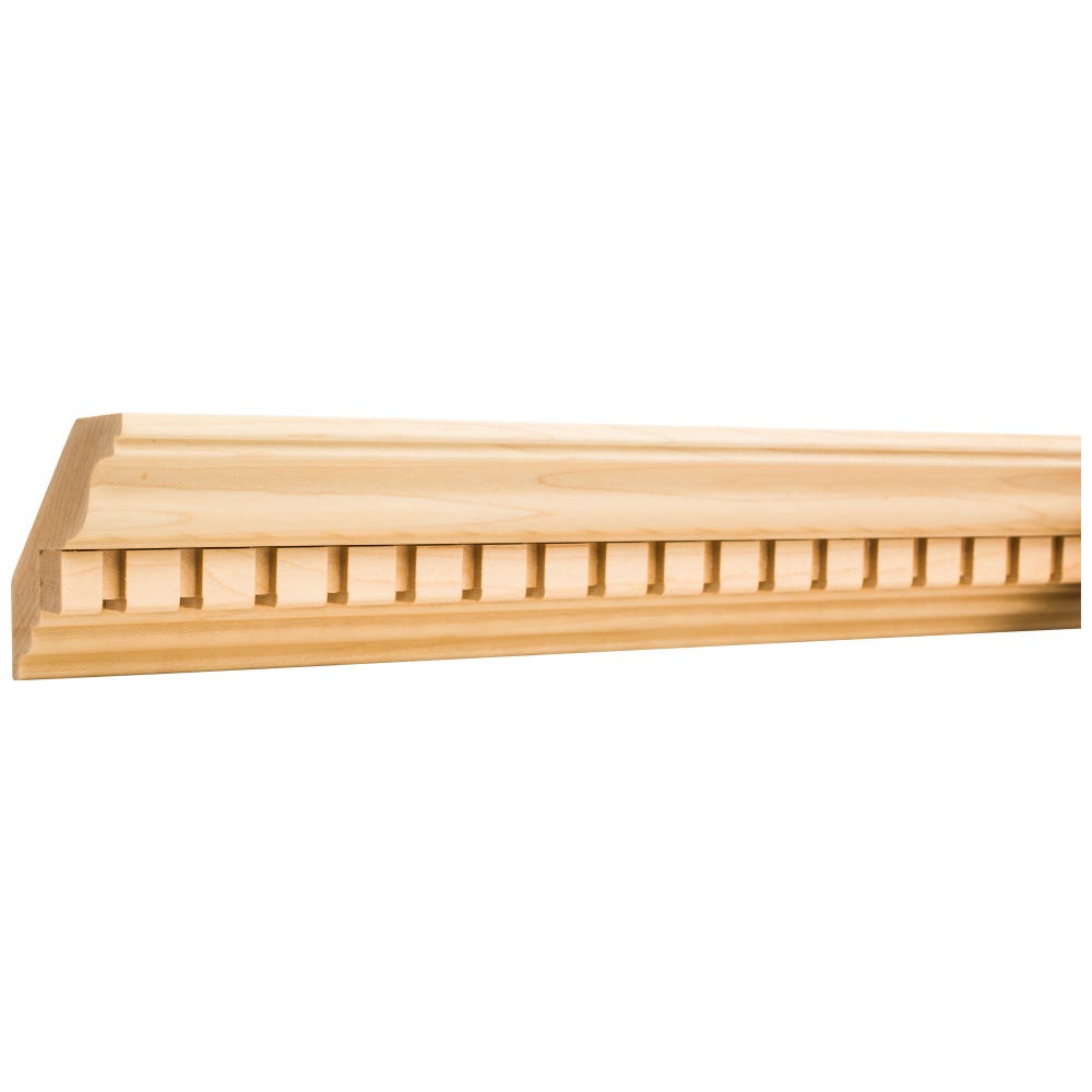 3-3/4" x 1" Oak Crown Moulding with 5/8" Dentil detail, elegant oak finish, perfect for stylish interiors