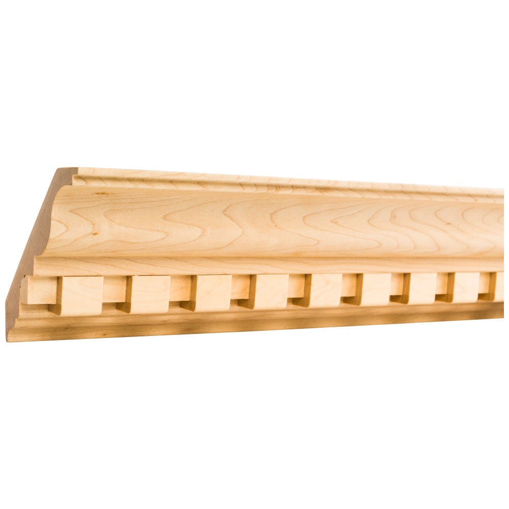 5-1/2" x 1-1/4" Poplar Crown Moulding with 1" Dentil detail, elegant wood finish, perfect for interior design