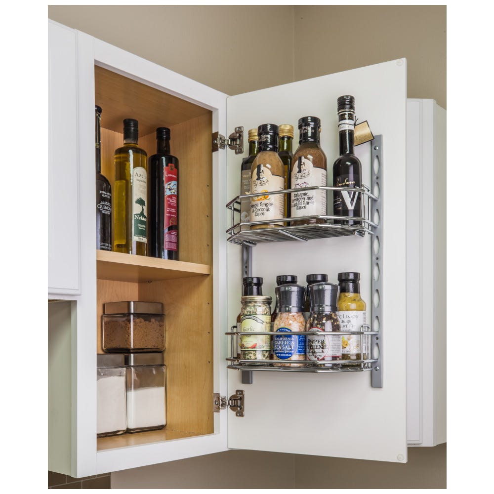 Door Mount Tray System in chrome finish for cabinet and pantry doors, includes 2 tracks and 2 trays for organizing cans and jars