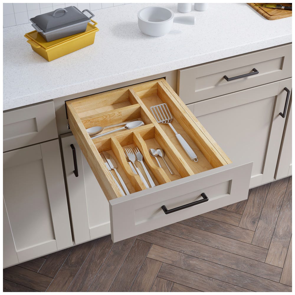 15" Cutlery Drawer Insert in natural wood finish, designed for kitchen organization, made from durable materials.