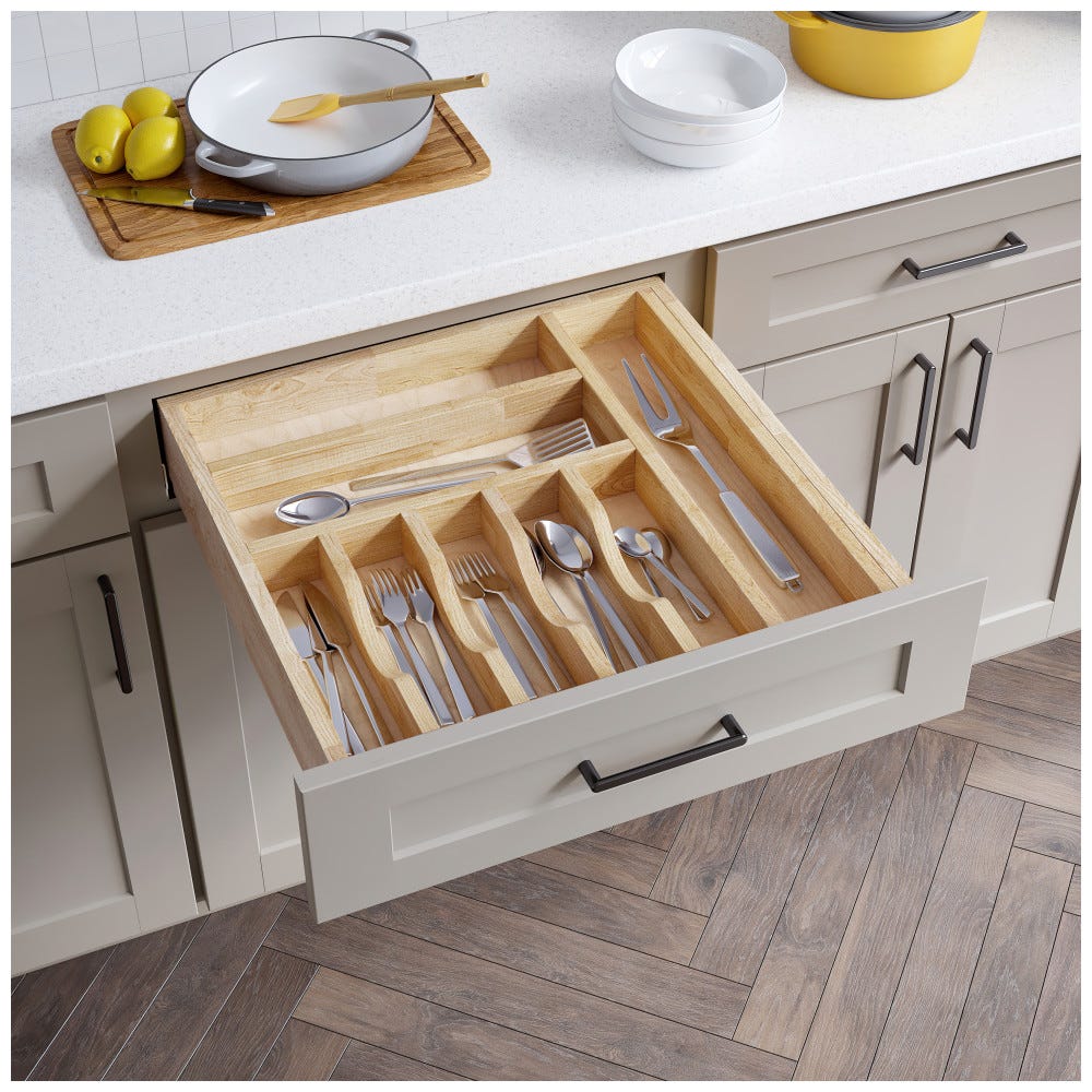 21" Drop-In Cutlery Drawer Insert in natural wood finish, designed for kitchen organization, made from high-quality materials