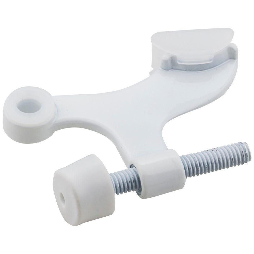 Hinge Pin Door Stop in white finish with self-adjusting rubber bumper, designed for controlling door swings at any angle.