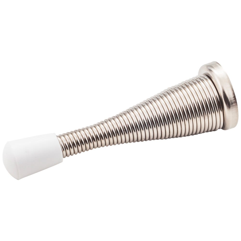 3" Spring Door Stop in Nickel finish with rubber tip, functional hardware for door protection