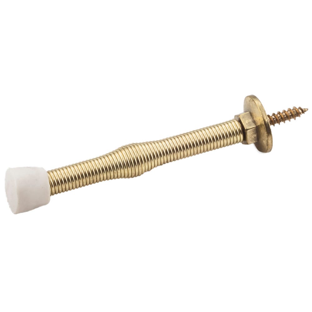 3" Spring Door Stop with Rubber Tip in polished brass finish, functional hardware accessory