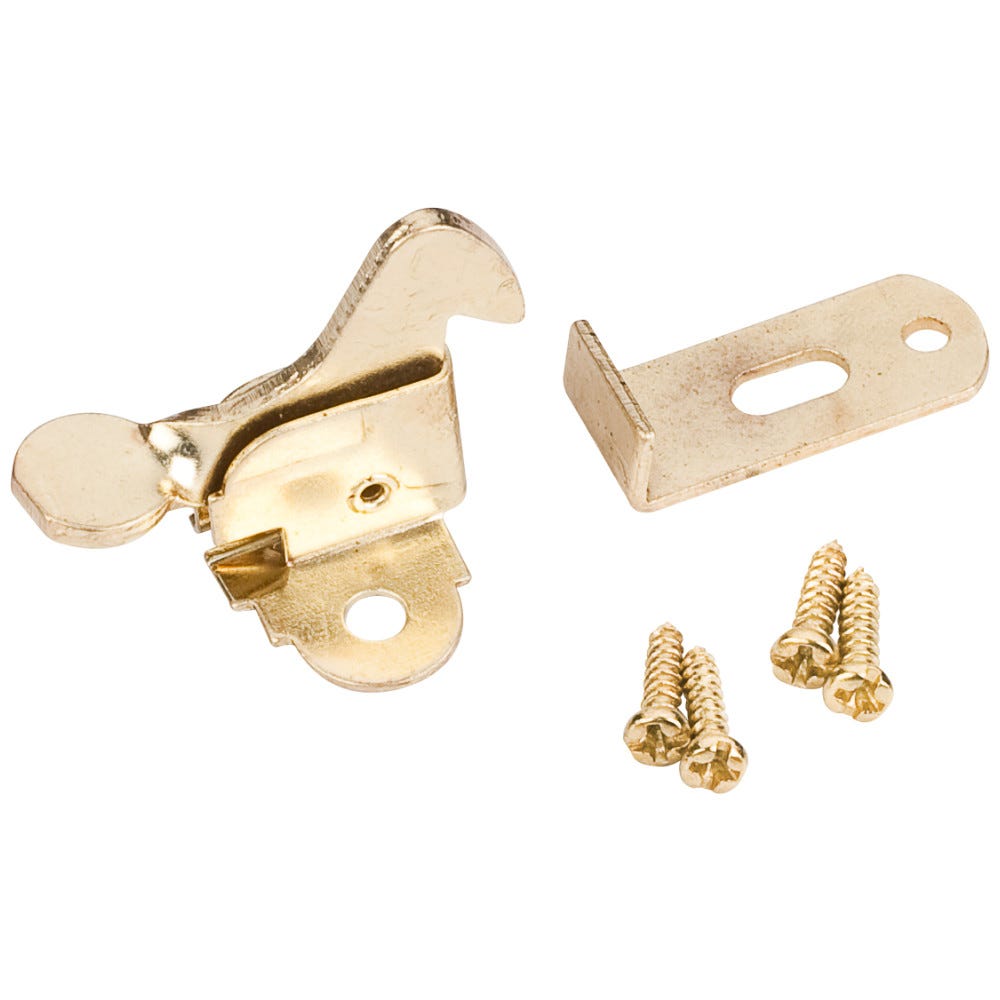 Elbow Catch in polished brass finish, functional hardware, includes screws, polybagged, UPC labelled