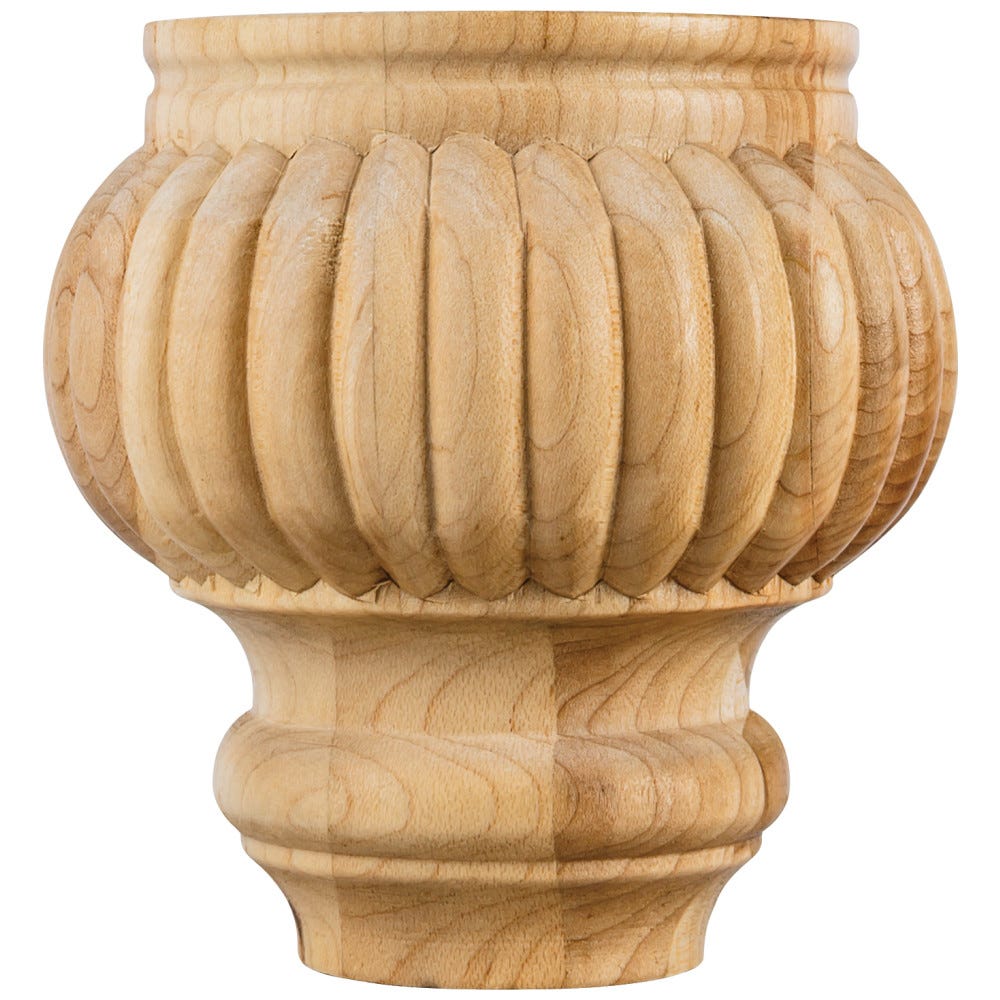 Reeded Turned Bun Foot in Maple and Rubberwood finish, 4-1/2" x 4-1/2", carved wood cabinet leg