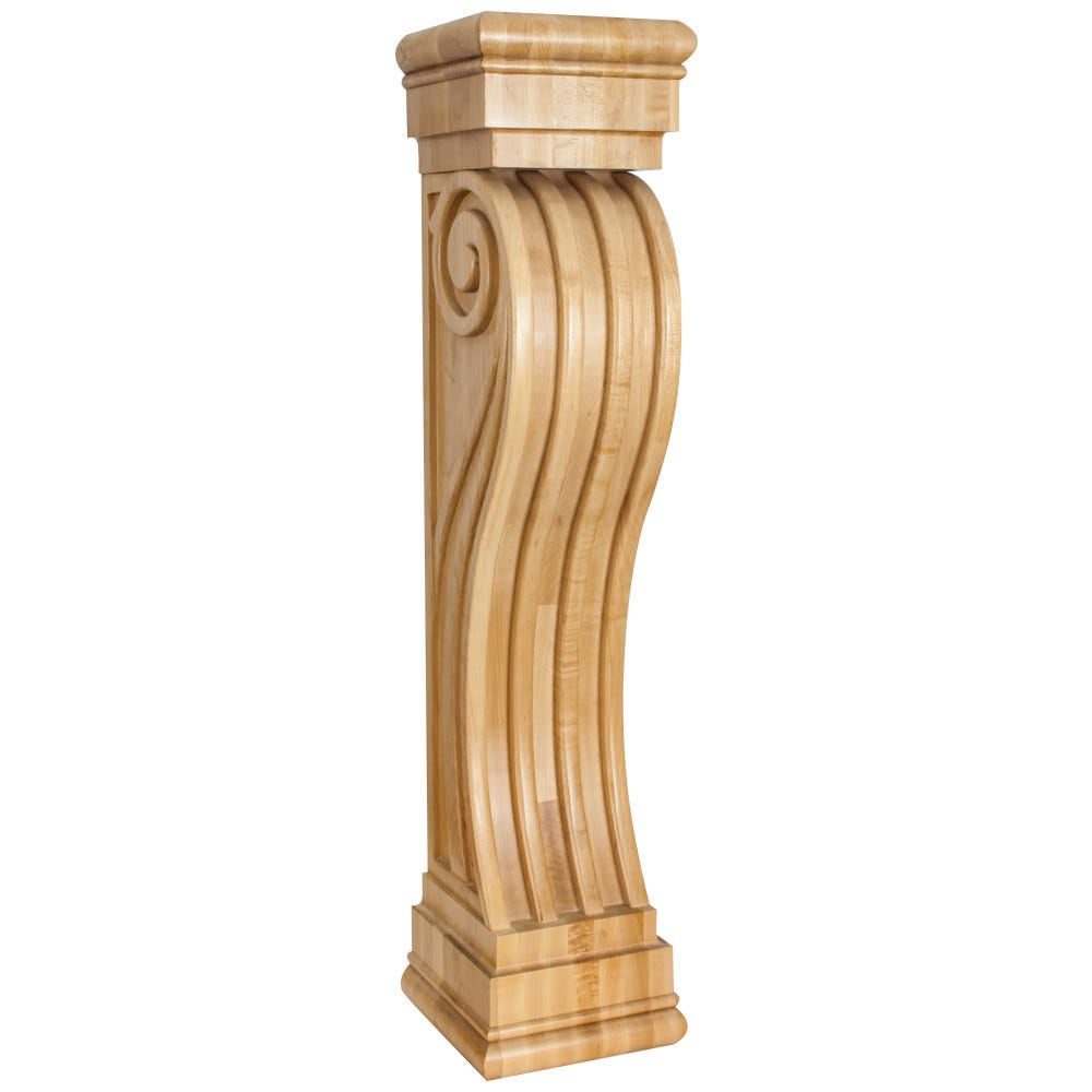 Fluted Wood Fireplace / Mantel Corbel in Maple, Alder, Cherry, and Rubberwood, 8" x 8" x 36", carved wood design