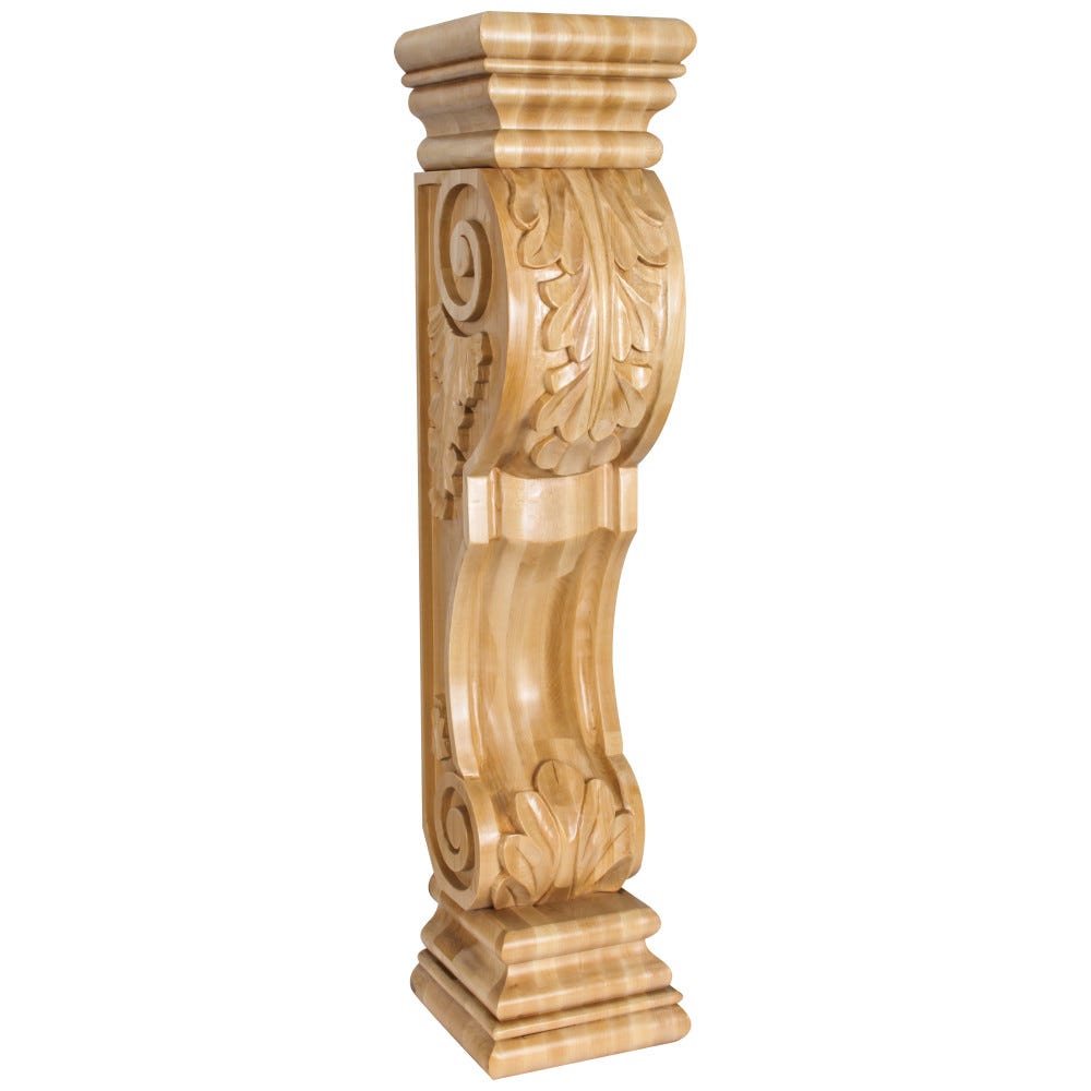 Acanthus Wood Fireplace Corbel in maple, cherry, alder, and rubberwood finishes, 8x8x36 carved wood design