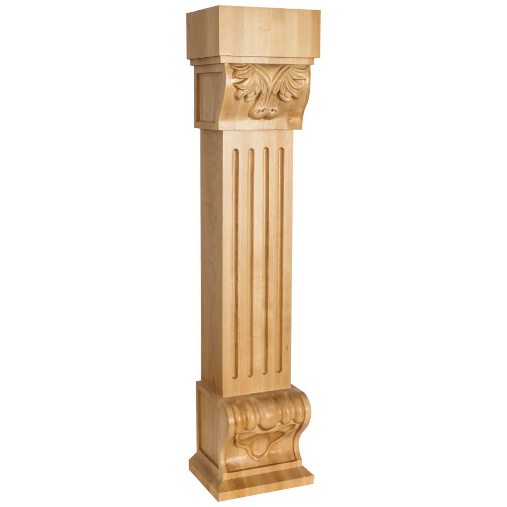 Acanthus Fluted Wood Fireplace Corbel with Shell Detail in Rubberwood, Maple, and Alder finishes, 8" x 6-1/2" x 36"