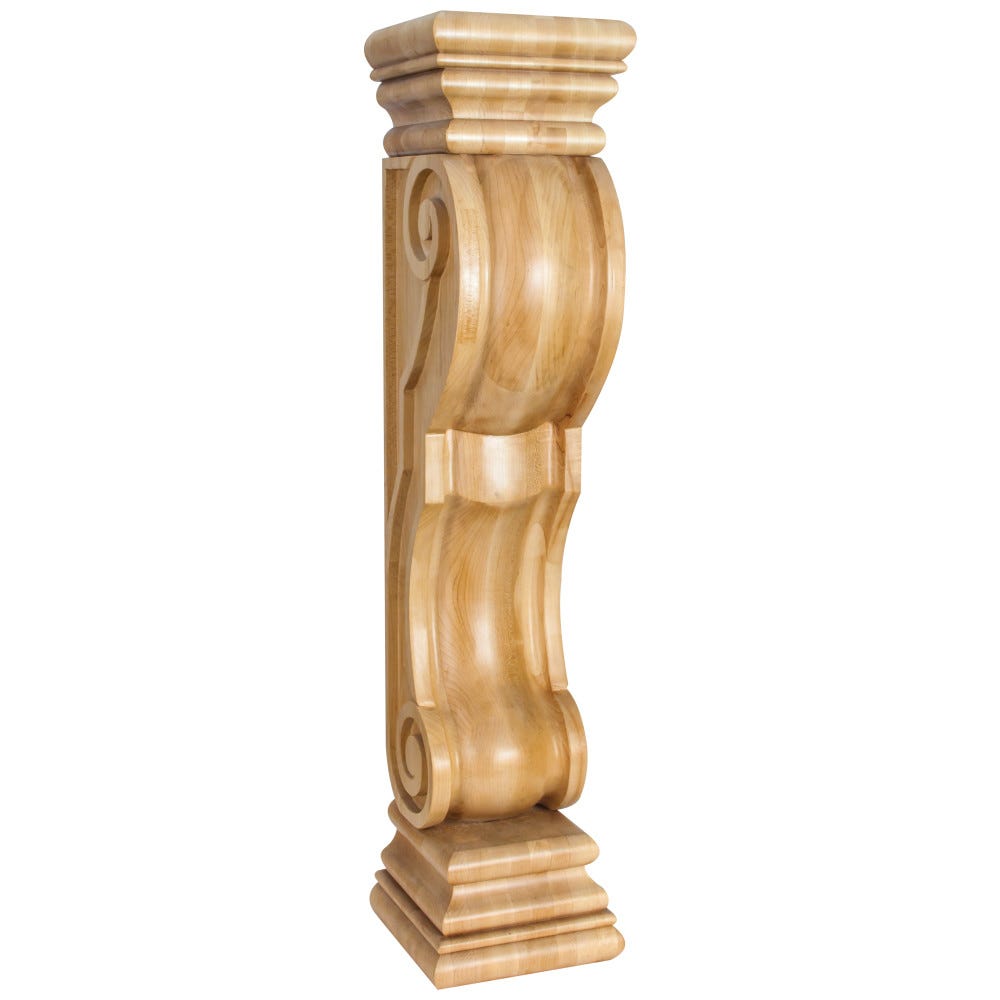 Rounded Traditional Wood Fireplace Mantel Corbel in Maple, Alder, Cherry, and Rubberwood finishes, 8x8x36 inches, carved wood design