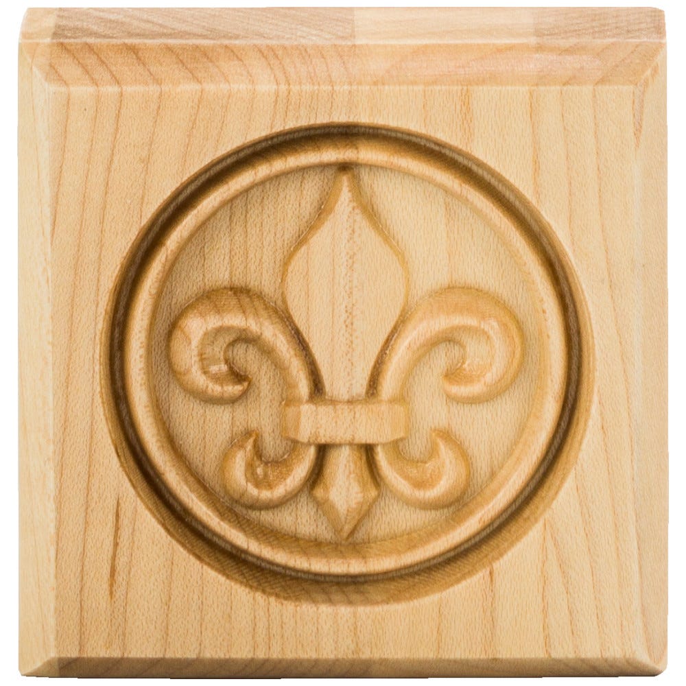 3" x 3" Fleur-De-Lis Rosette in Cherry wood, carved detail, 7/8" thick