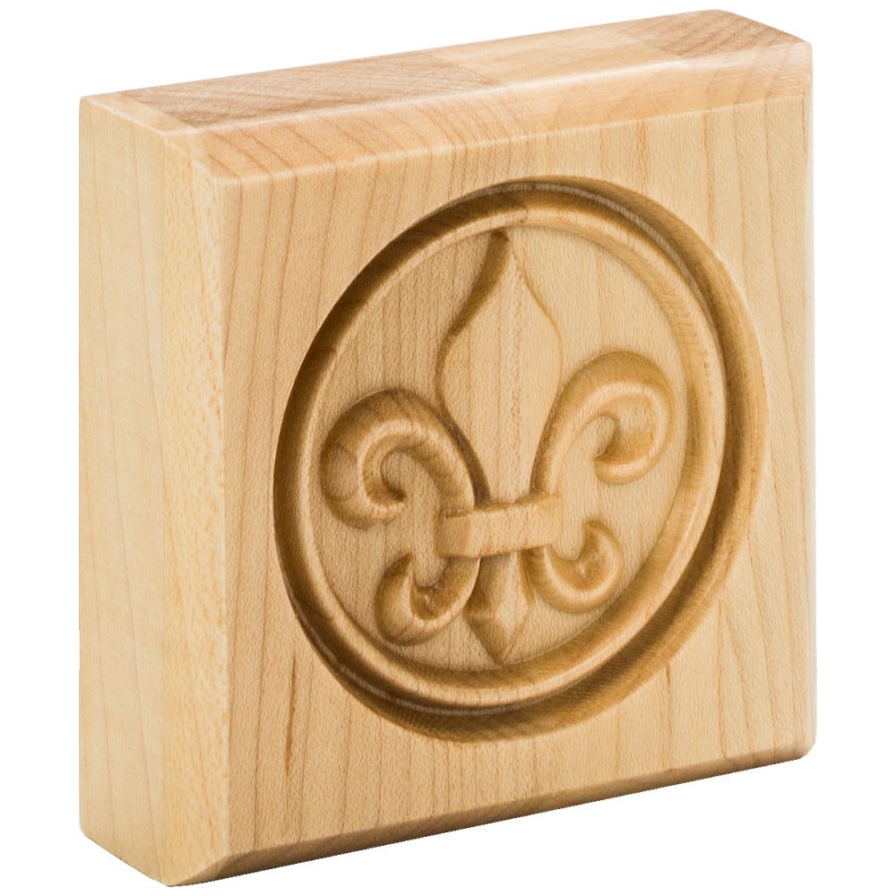 3" x 3" x 7/8" Fleur-De-Lis Rosette in Maple wood, carved decorative accent