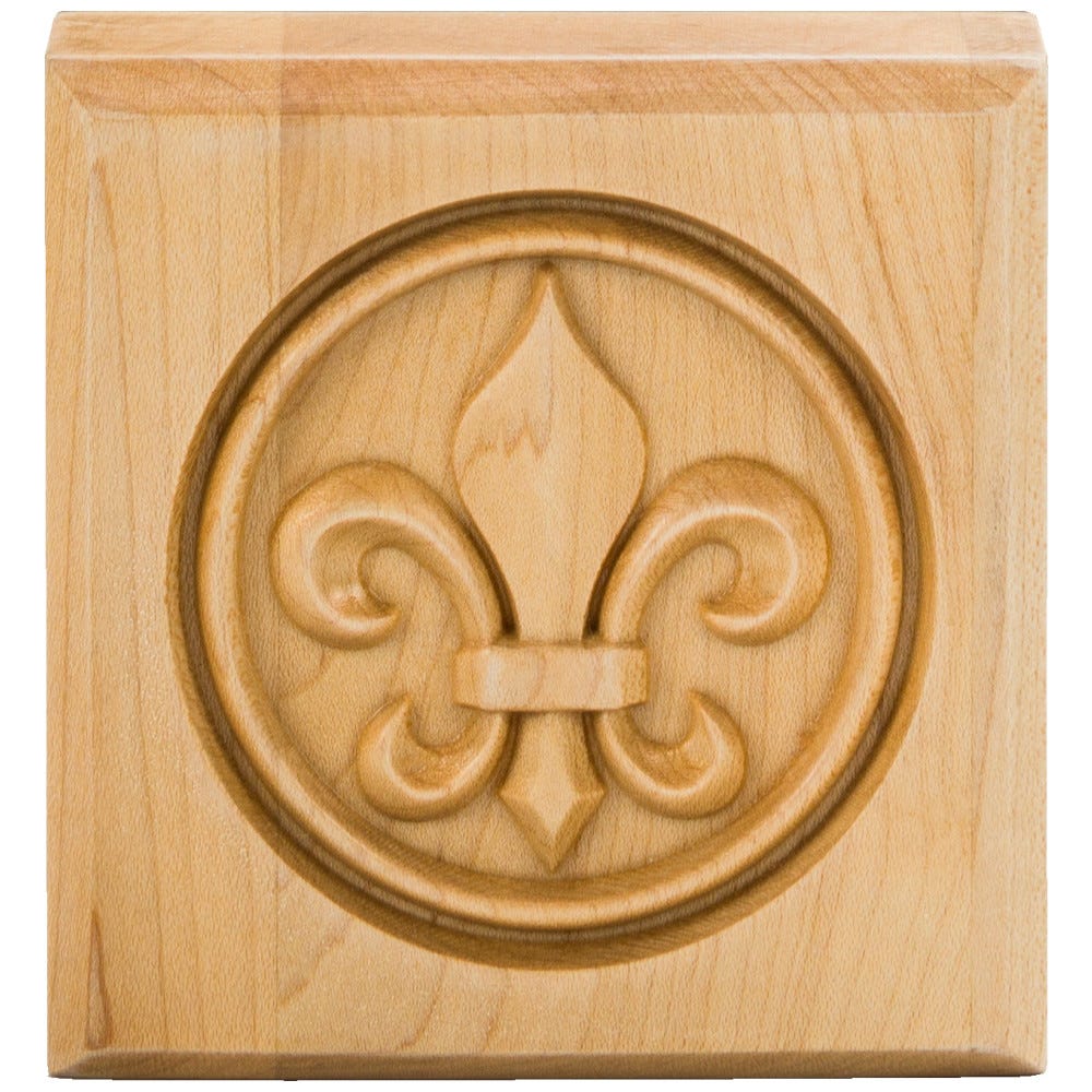 3-1/2" x 3-1/2" Fleur-De-Lis Rosette in Rubberwood, carved wood accent for flooring
