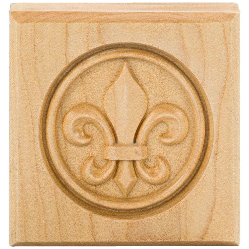 4" x 4" Fleur-De-Lis Rosette in Alder wood finish, carved decorative accent for home decor