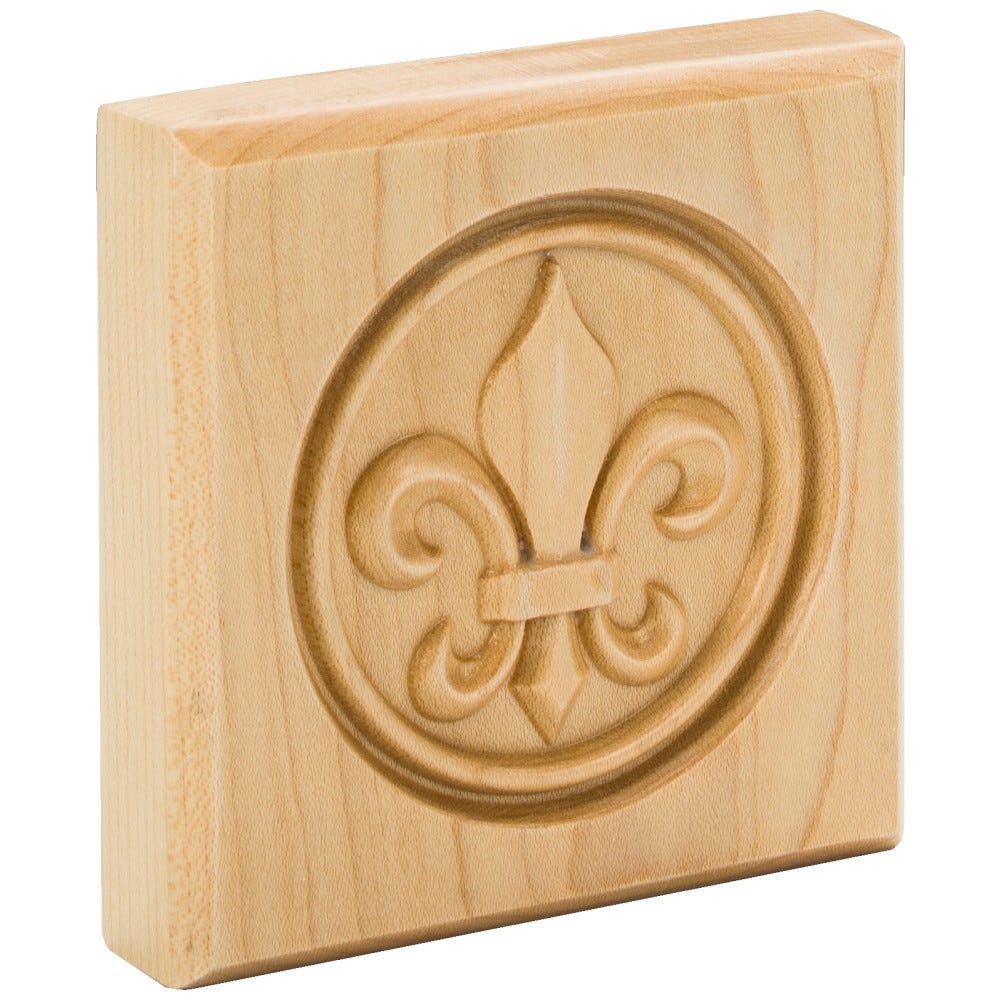 4" x 4" Fleur-De-Lis Rosette in Maple, carved wood accent for elegant home decor
