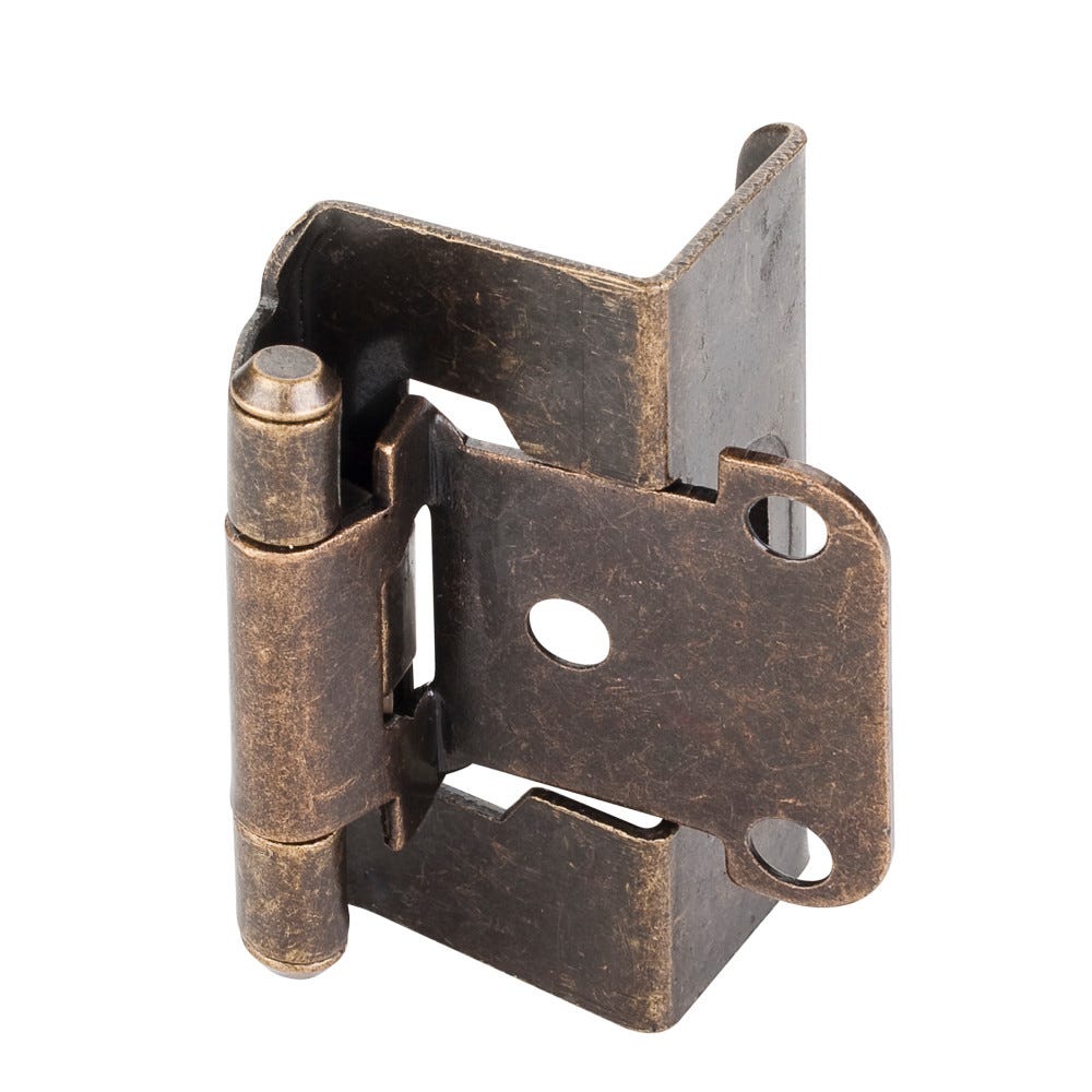 1/2" Overlay Self Closing Hinge in Antique Brass and Satin Nickel finishes, functional hardware for cabinetry