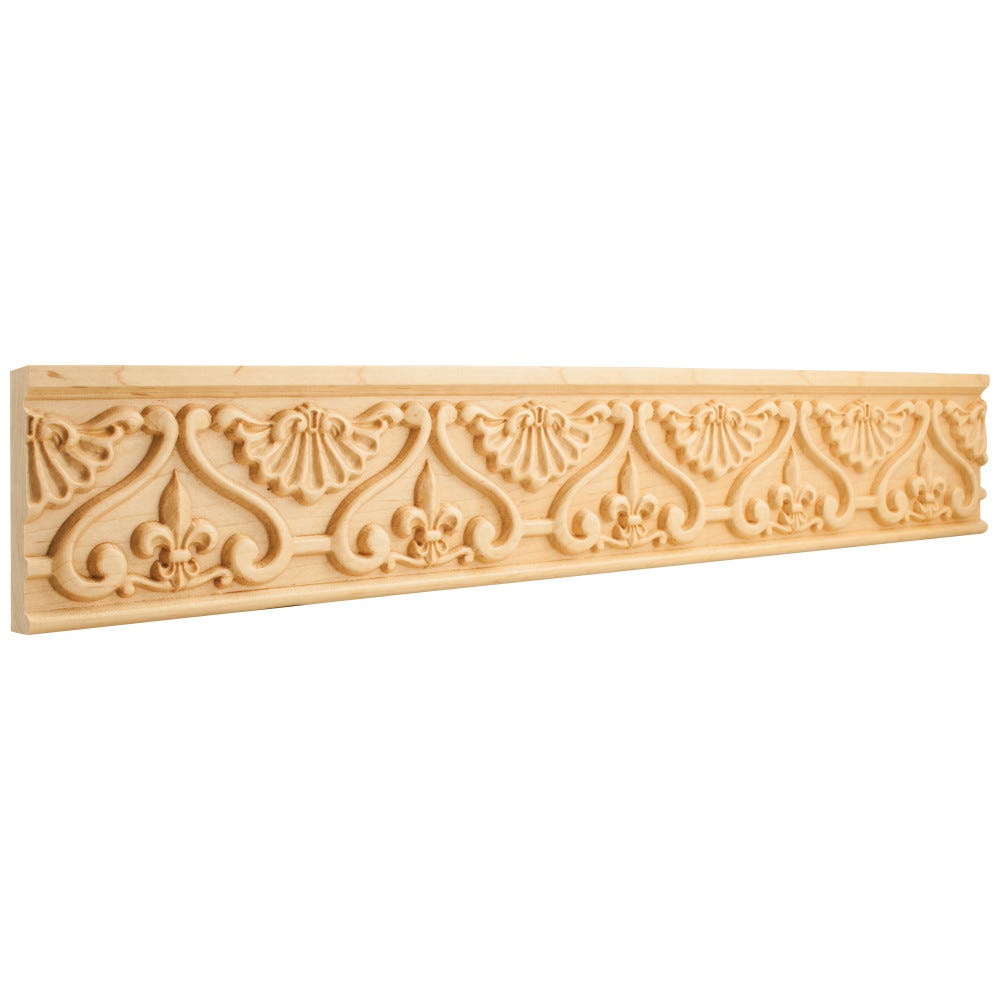 4" x 7/8" x 96" Hand Carved Fleur-De-Lis Frieze Moulding in Hard Maple finish