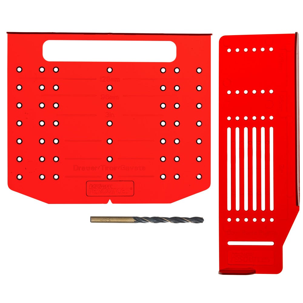 Red Decorative Hardware Mounting Template Kit with door and drawer templates and drill bit, made from durable plastic