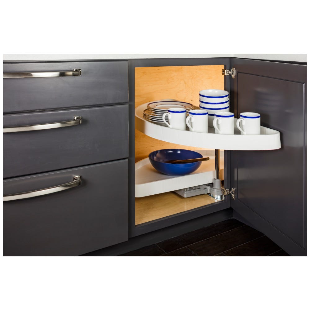 38" Half-Moon Lazy Susan Set with white plastic trays, durable organizer for kitchen storage
