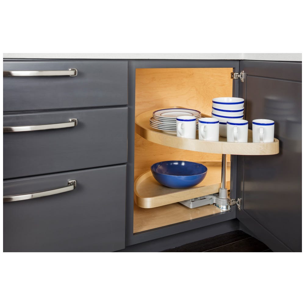 38" Half-Moon Lazy Susan Set with Wood Trays in natural wood finish