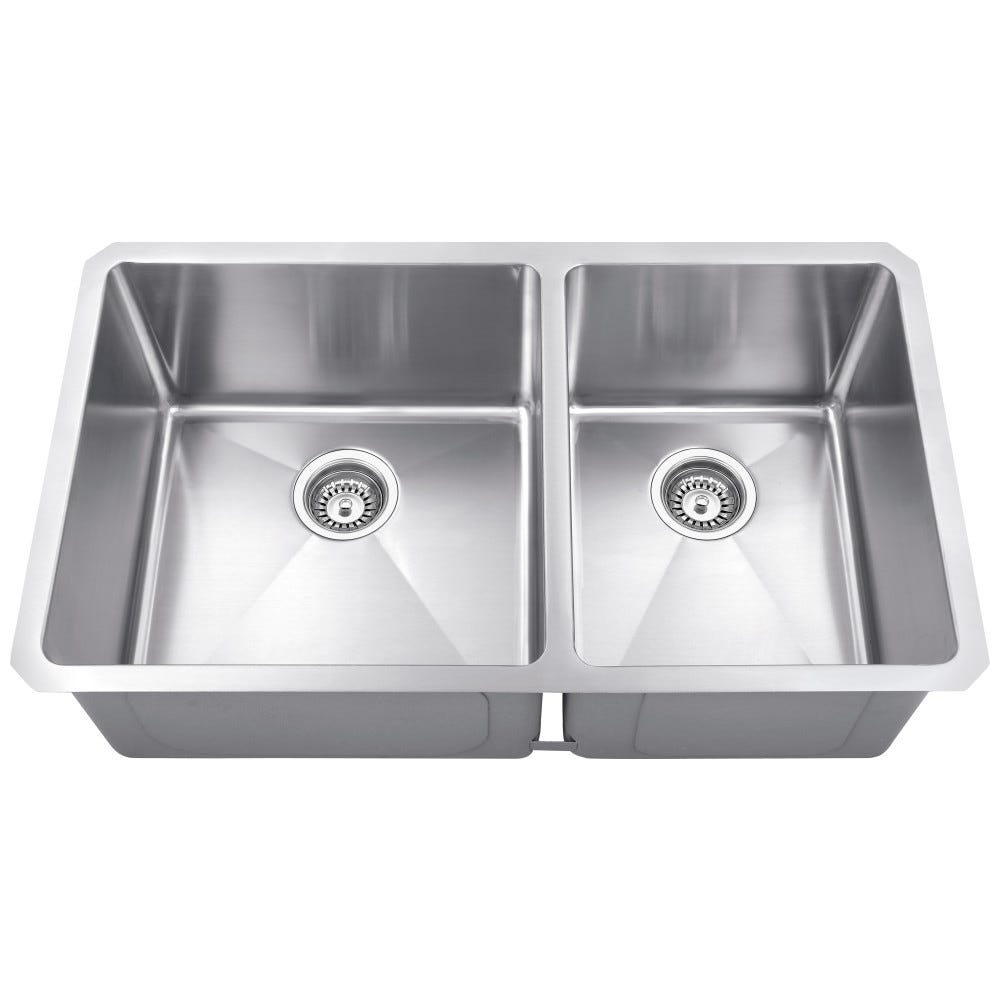 Stainless Steel 16-Gauge Kitchen Sink with Two Unequal Bowls, satin finish, 32" x 19" x 10"