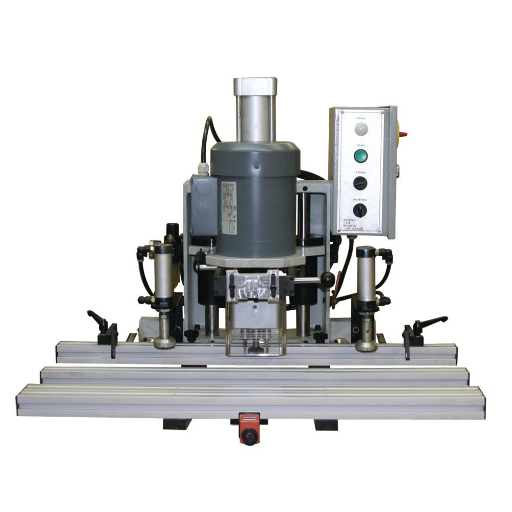 220 Volt Single Phase Hinge Boring Machine in silver finish, ideal for precise woodworking applications