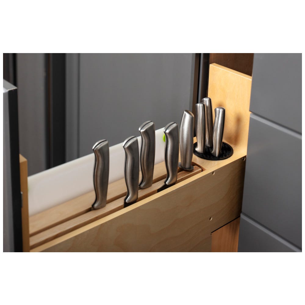 5" No Wiggle Base Pullout with integrated magnetic wood knife block, designed for organized kitchen storage