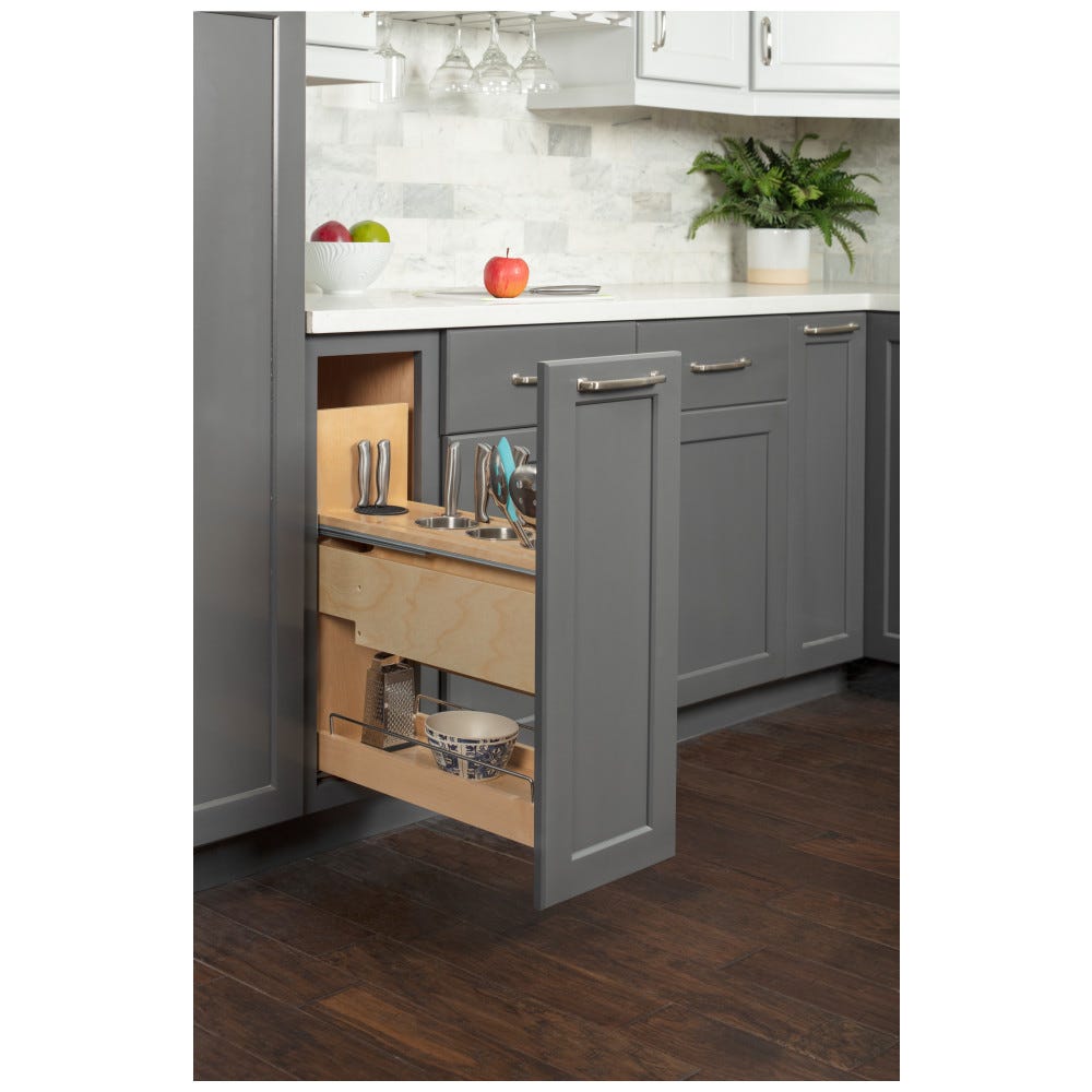 8 inch No Wiggle Base Pullout with integrated magnetic wood knife block and four stainless steel utensil bins, modern kitchen organizer