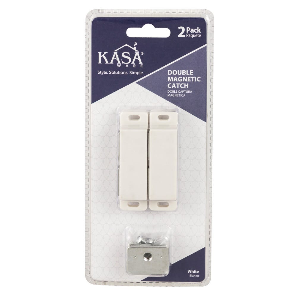 2-Pack of Double Magnetic Catches in white finish, functional hardware for cabinetry, includes screws and installation instructions