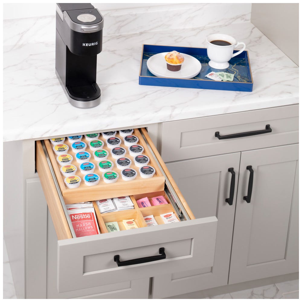 Double Coffee Drawer in wood finish for 15" opening, perfect for kitchen organization