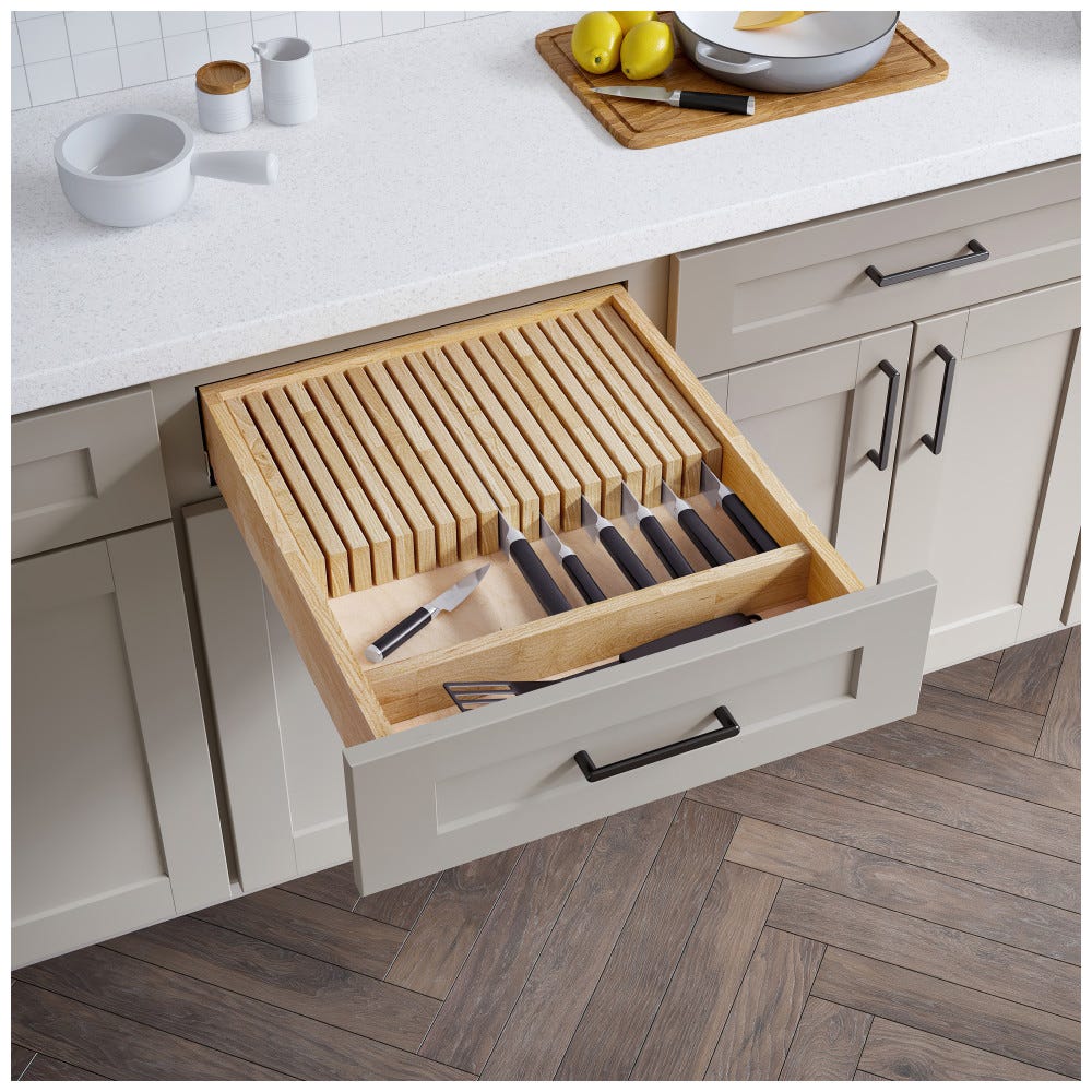 18" Knife Block Drawer Insert in natural wood finish, designed for knife organization, made from durable materials.