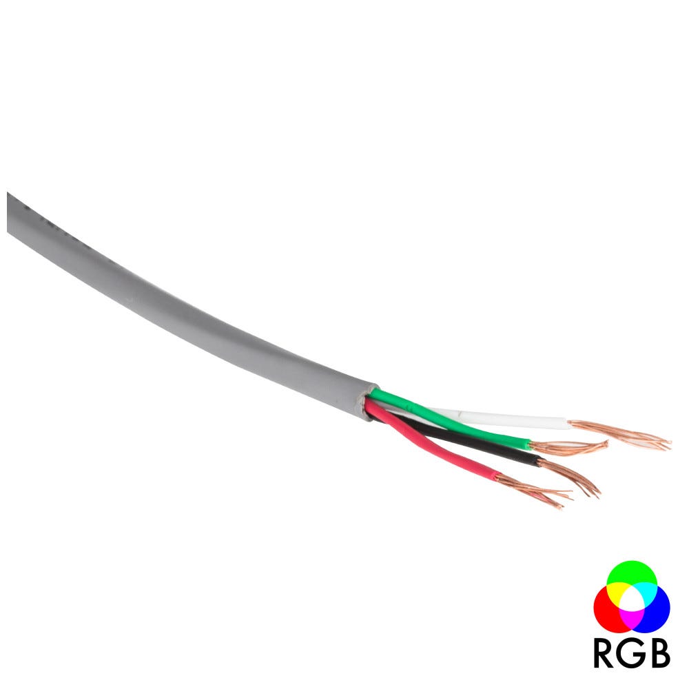 RGB Connection Wire in black, red, blue, green with white jacket, 22 gauge stranded, 1000ft spool