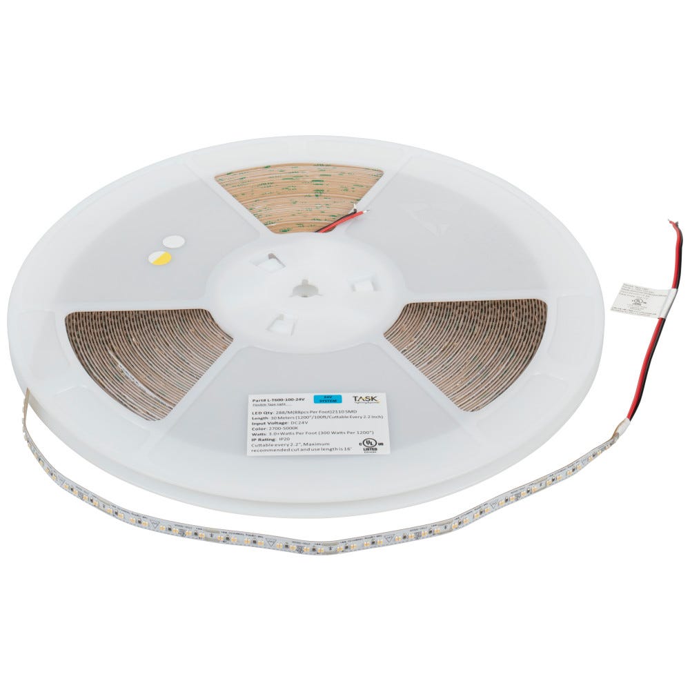 24 Volt 100ft Tunable White Tape Light in white finish, featuring TandemLED Technology, perfect for customizable home lighting.