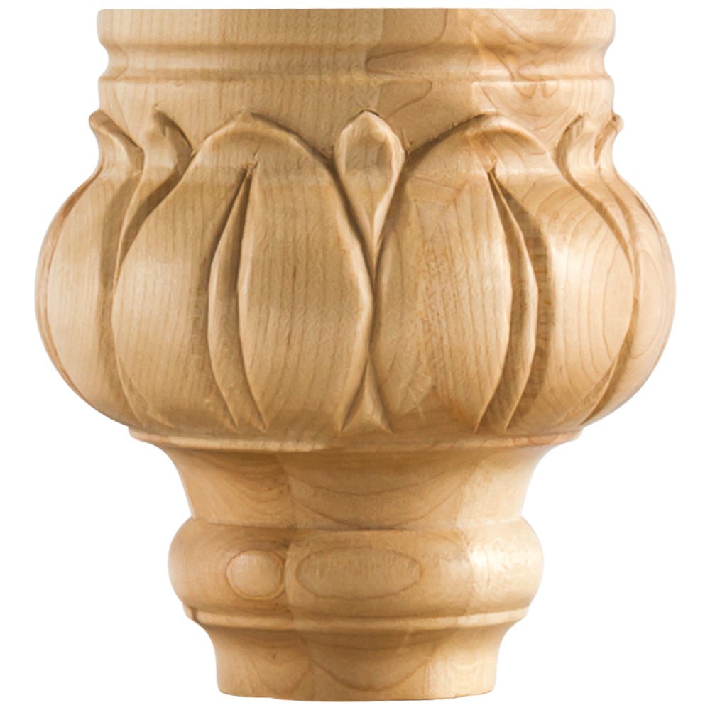 Turned Bun Foot with Leaf Carving in Maple and Rubberwood finish, 4-1/4" x 4-1/2", carved wood furniture leg