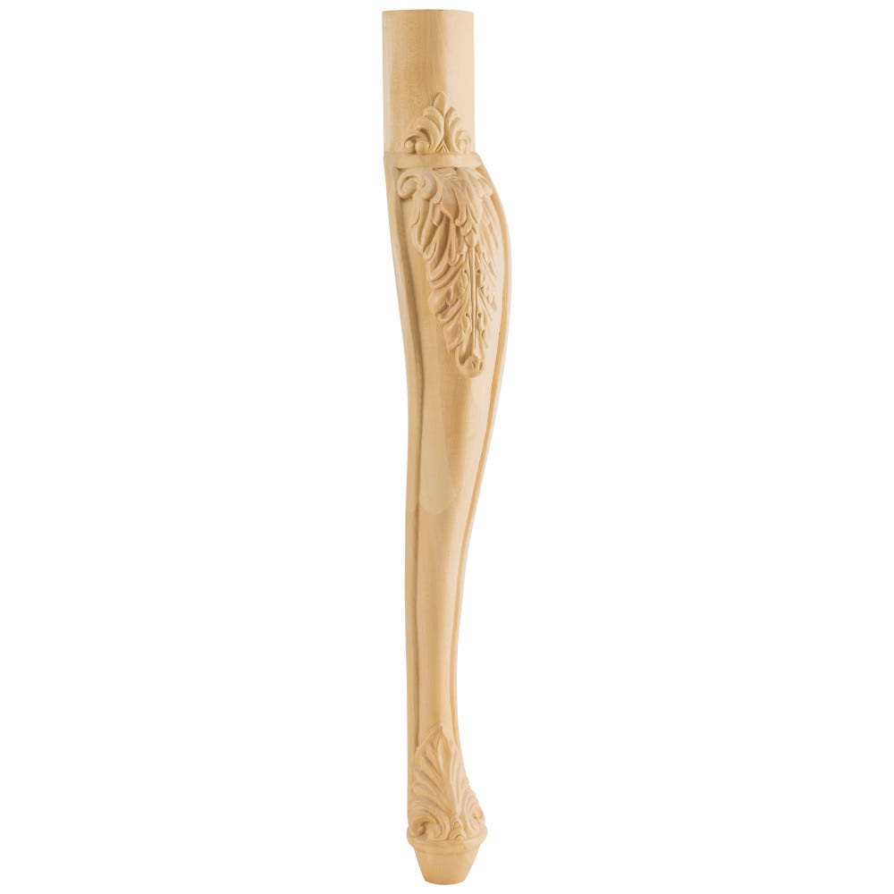 Acanthus Cabriole Leg 2-1/2" x 31" in rubberwood with intricate carving and natural finish