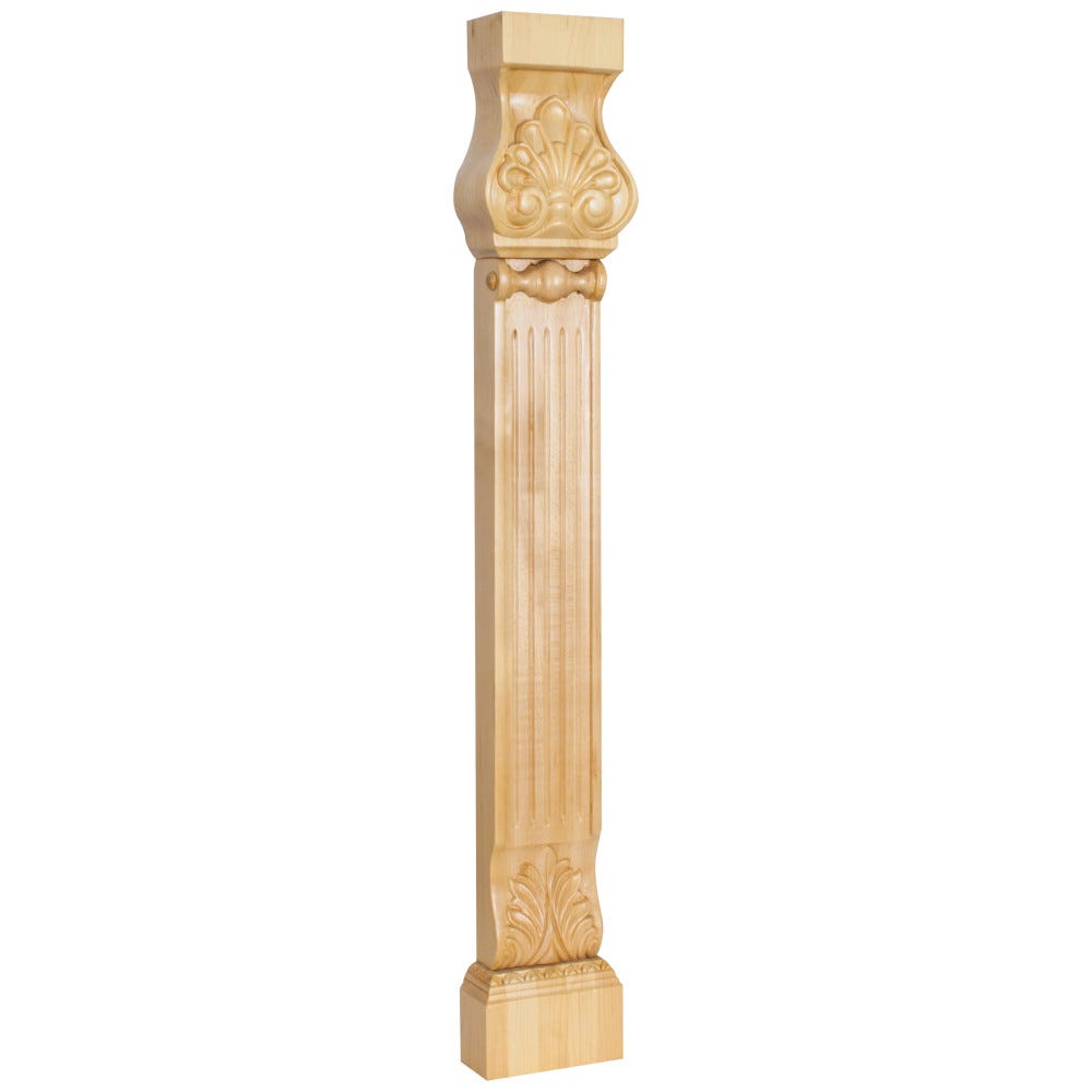 5" x 2-1/2" Acanthus & Shell Pilaster Leg in Rubberwood, 31" height, carved wood detail