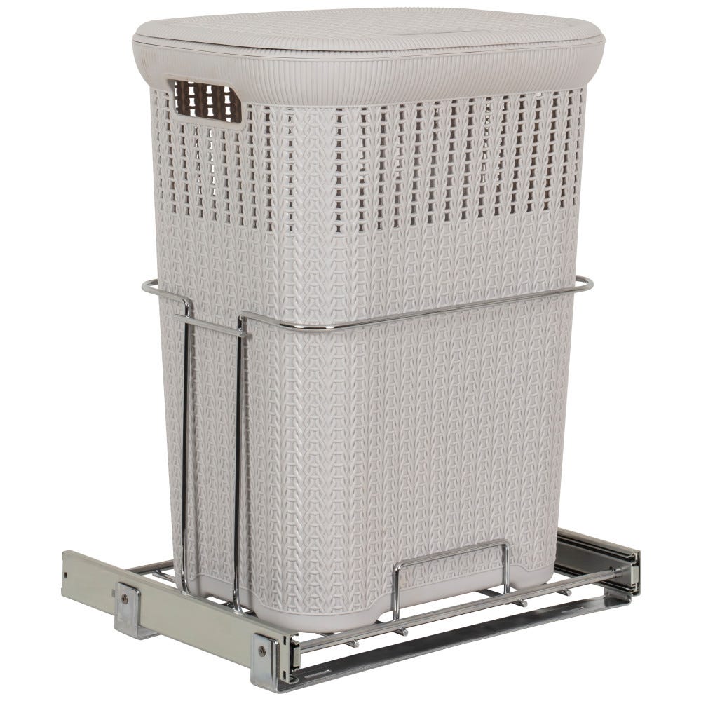 Bottom-Mount Laundry Hamper Pullout in polished chrome with grey plastic hamper for 18"W x 14"D closets
