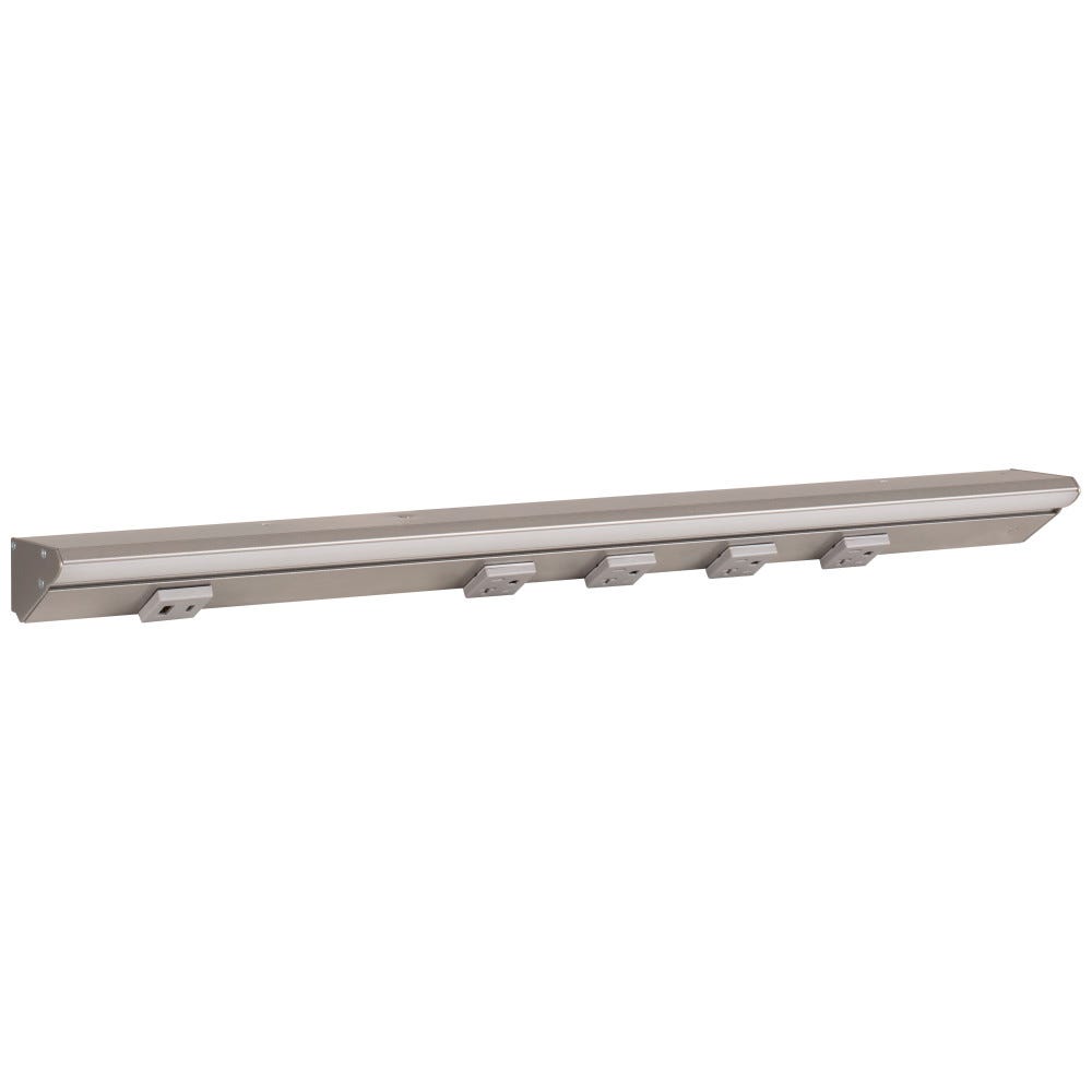 24-1/2" LPS RM Series LED Light in satin nickel finish with grey receptacle and USB-Ac outlet, designed for modern interiors.